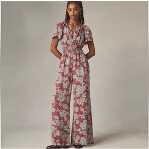 Anthropologie Floral Wide-Leg Jumpsuit in Red and White
